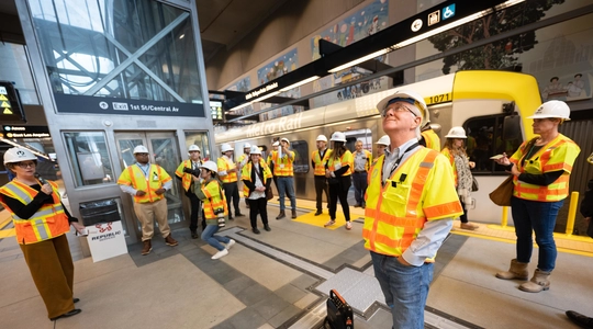 Council president Paul Krekorian inspects new downtown Metro station.