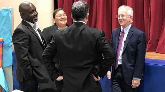 Councilmember Harris-Dawson, Hernandez, Blumenfield and Krekorian converse after last of offsite Ad Hoc meetings.