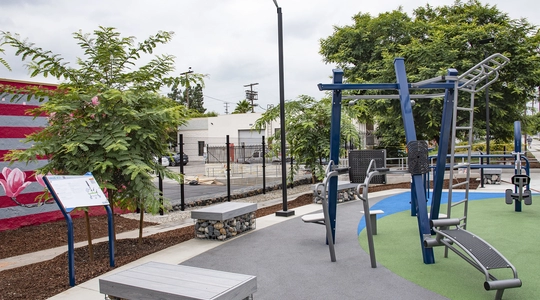 Newly installed exercise equipment and colorful mural at the Chandler Pike Path.