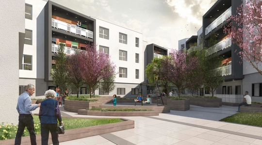 Artist's rendering of the Sun Commons apartment complex
