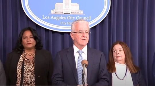 Councilmember Heather Hutt, Council President Krekorian and City Attorney Hydee Feldstein-Soto at media lectern.