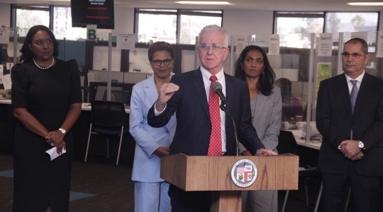 mayor Bass, Counicl President Krekorian and Councilmember Nithya Raman address the press corps.n 
