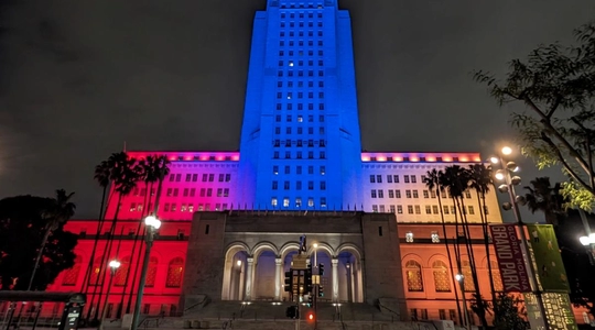 City Hall illuminated in the colors of the Armenian flag