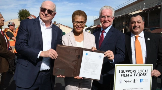 Mayor Bass and Councilmember Krekorian, joined by Michael Hackman of Hackman Capital Partners and Ernesto Medrano of the Building Trades Council, celebrate signing of a labor agreement for the renovated Radford Studios in January 2024. The expanded California Film Tax Credit will help keep production jobs at local facilities like the Radford Studio in Studio City.