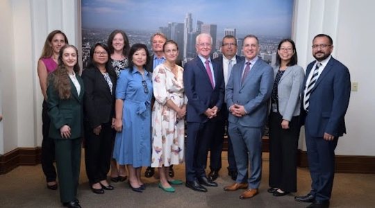 Councilmembers Katy Yaroslavsky, Paul Krekorian and Bob Blumenfield, with representatives of the Bureau of Sanitation and Department of Public Works following plastics reduction press conference, October 1, 2024.