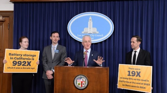 A photo of Councilmember Krekorian speaking at the press conference which announced the release of Renewables on the Rise 2024.