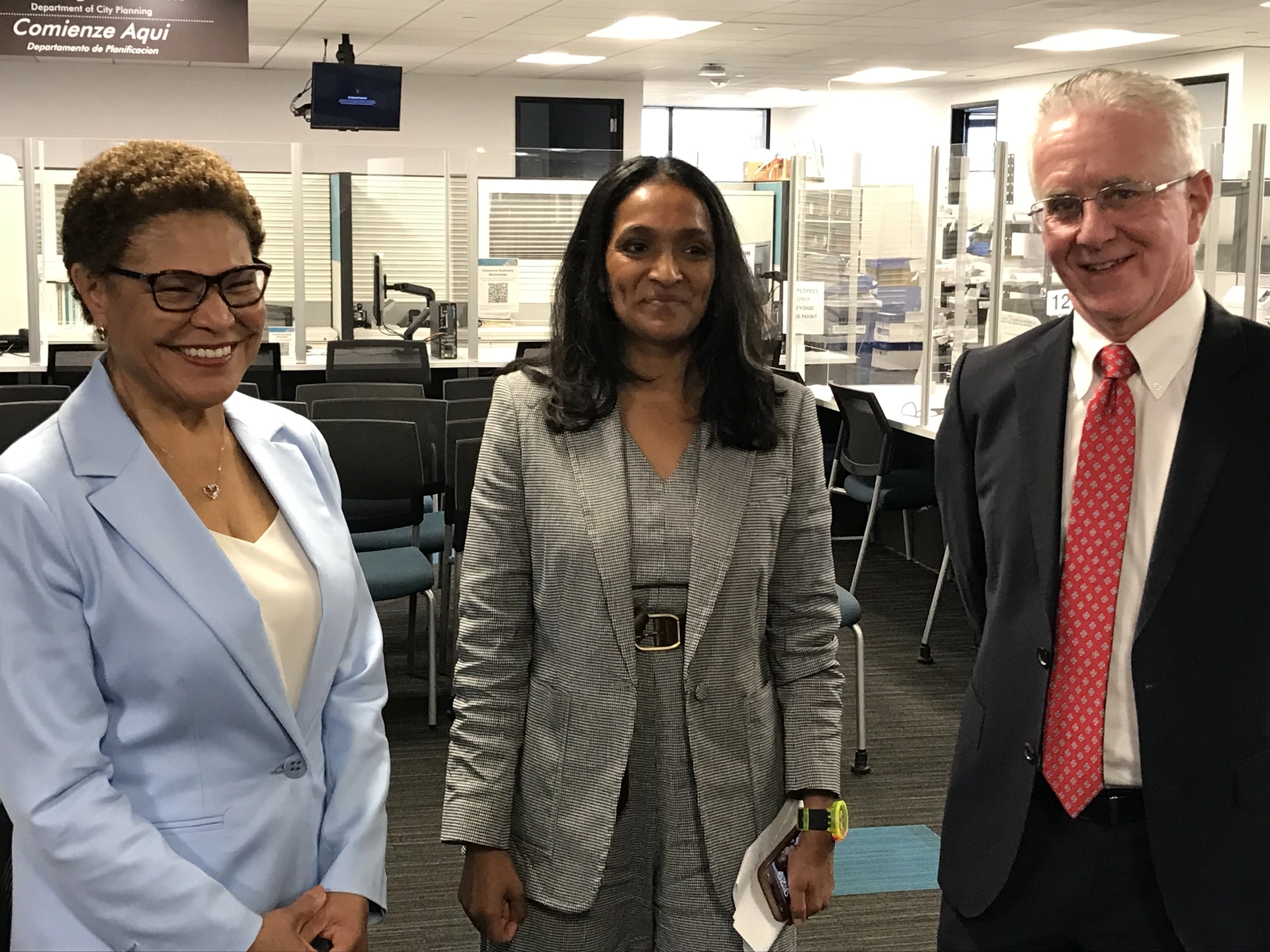 Mayor Bass, Councilmember Raman and Council President Krekorian at the City's Development Services Center where permits are processed.