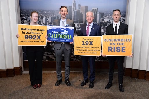 (L to R) Fiona Hines of the California Public Interest Research Group and Steven King of Environment California, with Councilmember Krekorian and David Fink of the Los Angeles Business Council at press conference announcing release of Renewables on the Rise 2024.