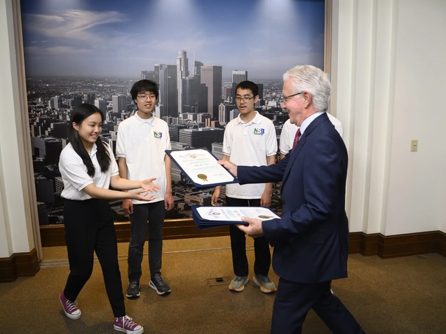 Council President hands certificates of commendation to members of North Hollywood High School Science Team