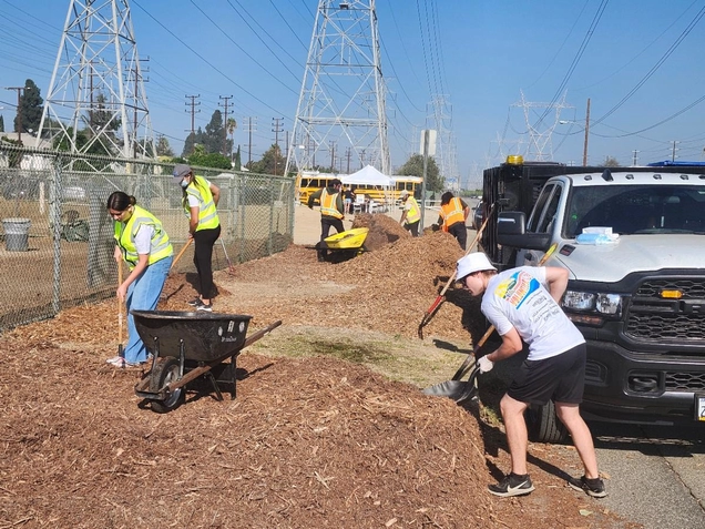Volunteers spread fresh mulch.