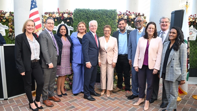 Council President Paul Krekorian hosts a reception to welcome the newly elected councilmembers. They are: Katy Young-Yaroslavsky, Hugo Soto-Martinez, Tim McOsker, Eunisses Hernandez and Traci Park. The event is at Los Angeles City Hall, Spring Street Court. L-R: Traci Park, Bob Blumenfield, Heather Hutt, Eunisses Hernandez, Paul Krekorian, Karen Bass, Hugo Soto-Martinez, Curren Price Jr., Katy Yaroslavsky, Tim McOsker, Nithya Raman