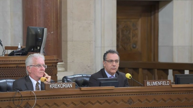 Council President Krekorian and Assistant President Pro Tem Bob Blumenfield listening to public testimony at meeting of Ad Hoc Committee on City Governance Reform