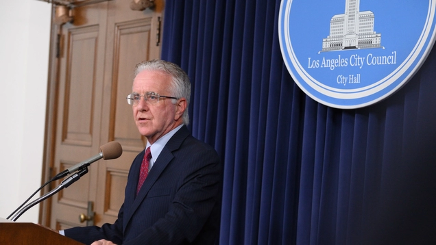 Council President Krekorian at lectern in City Hall media room