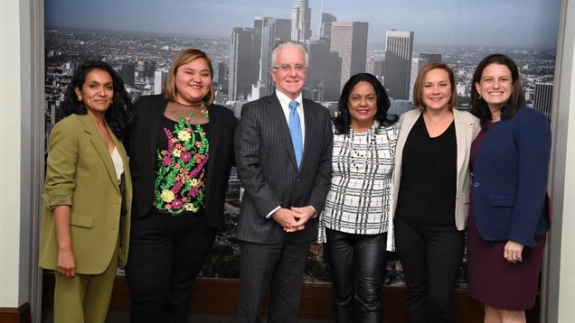 (L to R: Councilmembers Nithya Raman, Eunisses Hernandez, Heather Hutt, Traci Park and Katy Yaroslavsky are pictured here on their appointment to the Transportation Committee, the first all-female Council committee in in L.A. history. They joined Council President Krekorian in moving to update the City's municipal and administrative code.)