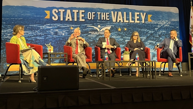 L to R: Spectrum 1 News anchor Alex Cohen and Councilmembers Paul Krekorian, Bob Blumenfield, Monica Rodriguez and John Lee.