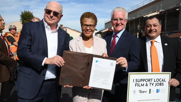 Mayor Bass and Councilmember Krekorian, joined by Michael Hackman of Hackman Capital Partners and Ernesto Medrano of the Building Trades Council, celebrate signing of a labor agreement for the renovated Radford Studios in January 2024. The expanded California Film Tax Credit will help keep production jobs at local facilities like the Radford Studio in Studio City.