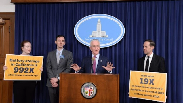 A photo of Councilmember Krekorian speaking at the press conference which announced the release of Renewables on the Rise 2024.