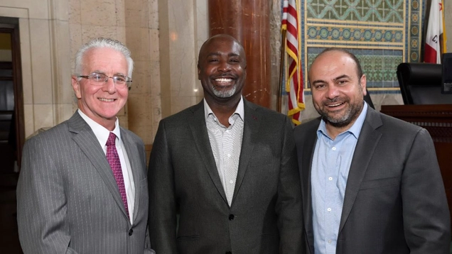 L to R: Council President Emeritus Paul Krekorian and current Council President Marqueece Harris-Dawson welcome Krekorian's successor in District 2: Councilmember-elect Adrin Nazarian.