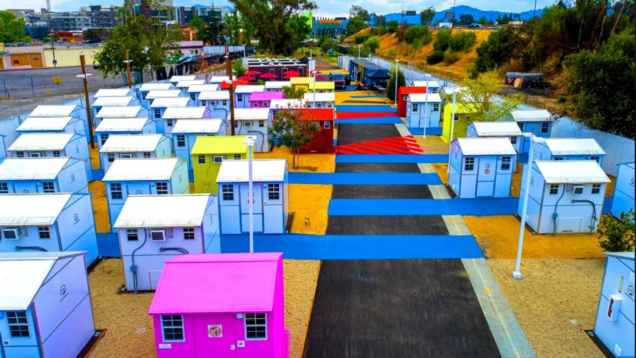 Aerial view of colorfully painted Tiny Homes