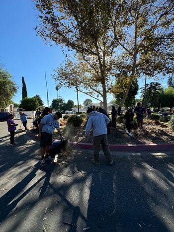 Volunteers sweep the ground at Katherine Circle.
